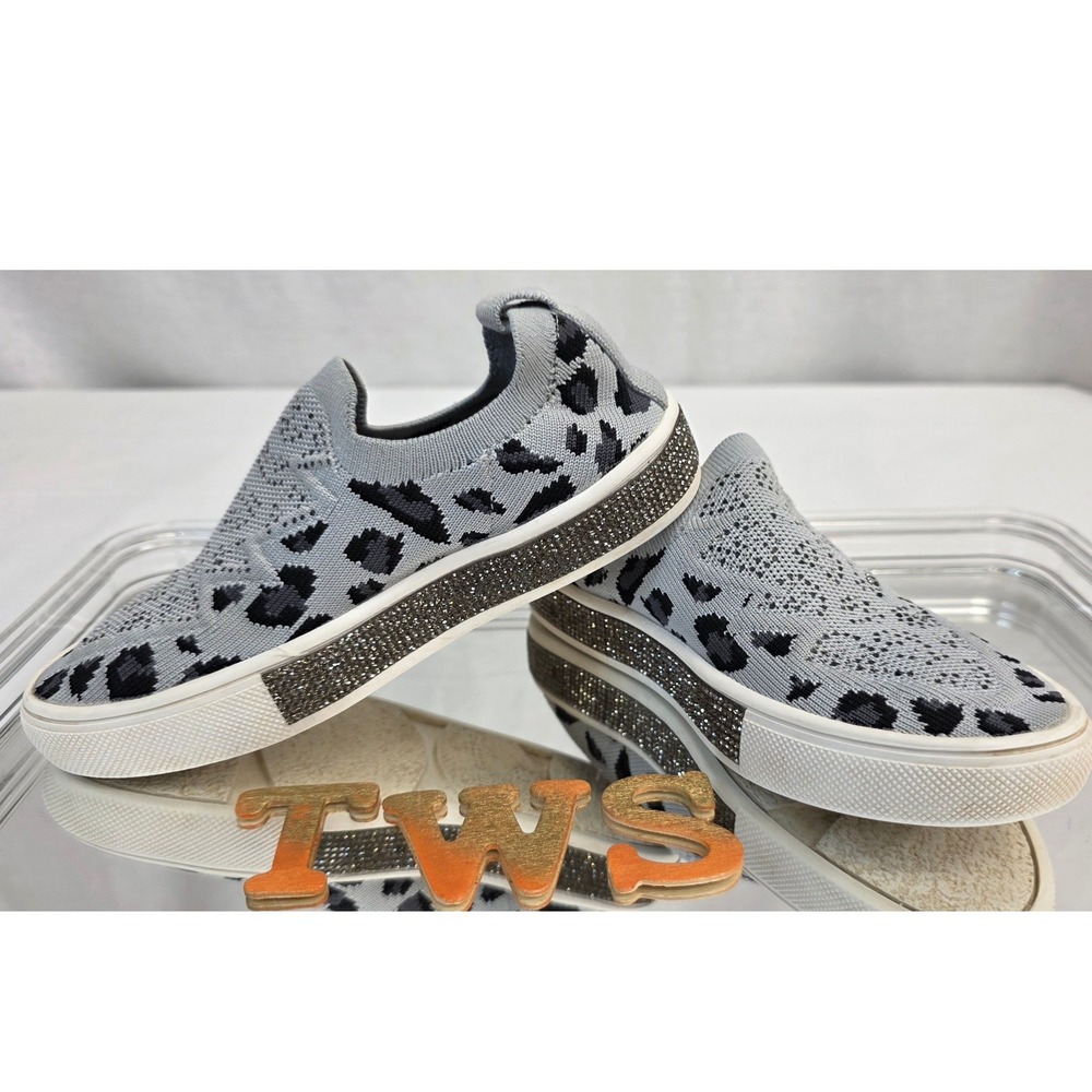 Bernie Mev Kids Grey Leopard Print Knit Slip On Rhinestone Sneakers EU 29